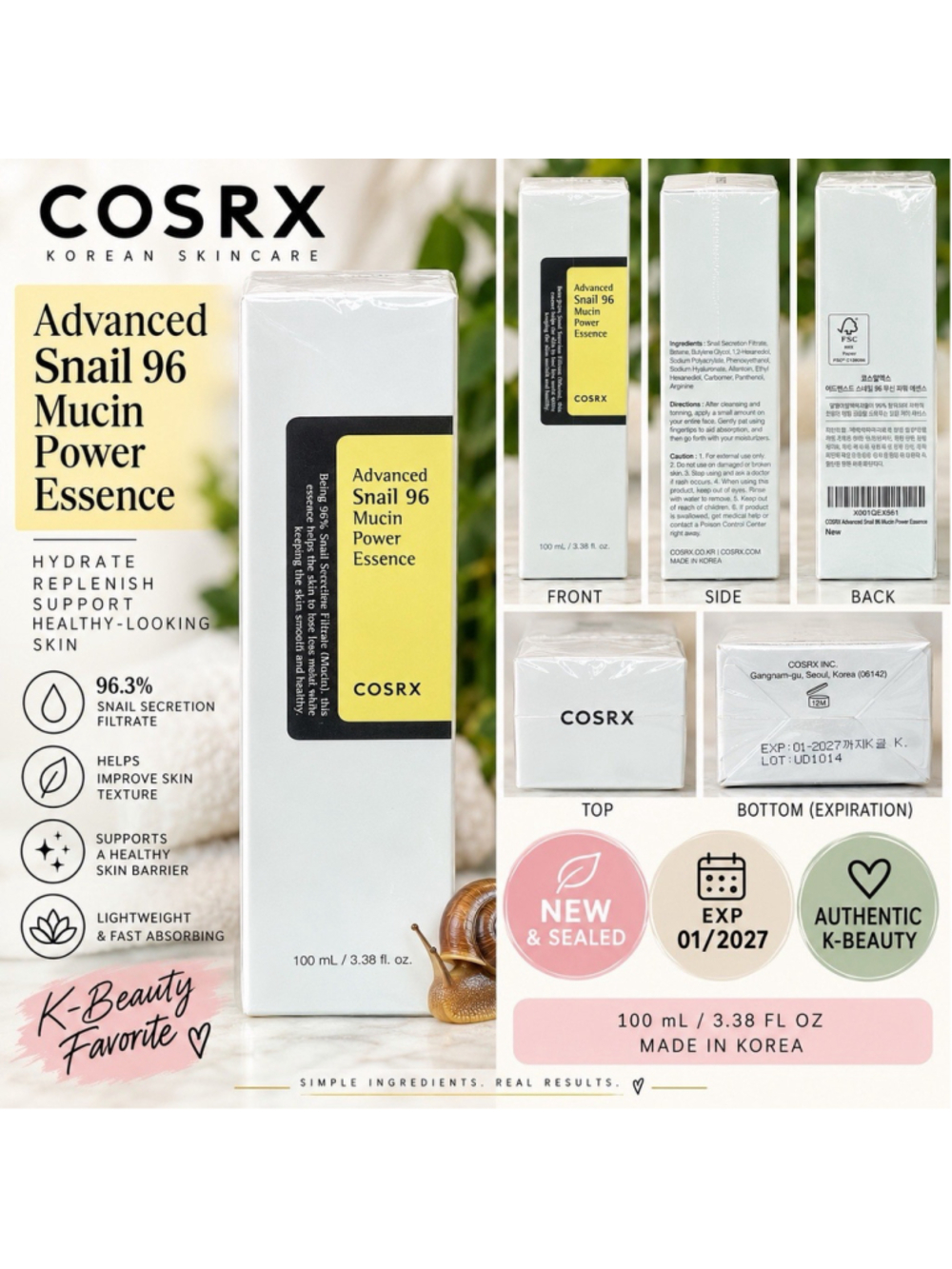 COSRX Advanced Snail 96 Mucin Power Essence 100ml 3.38oz NEW SEALED Exp 2027